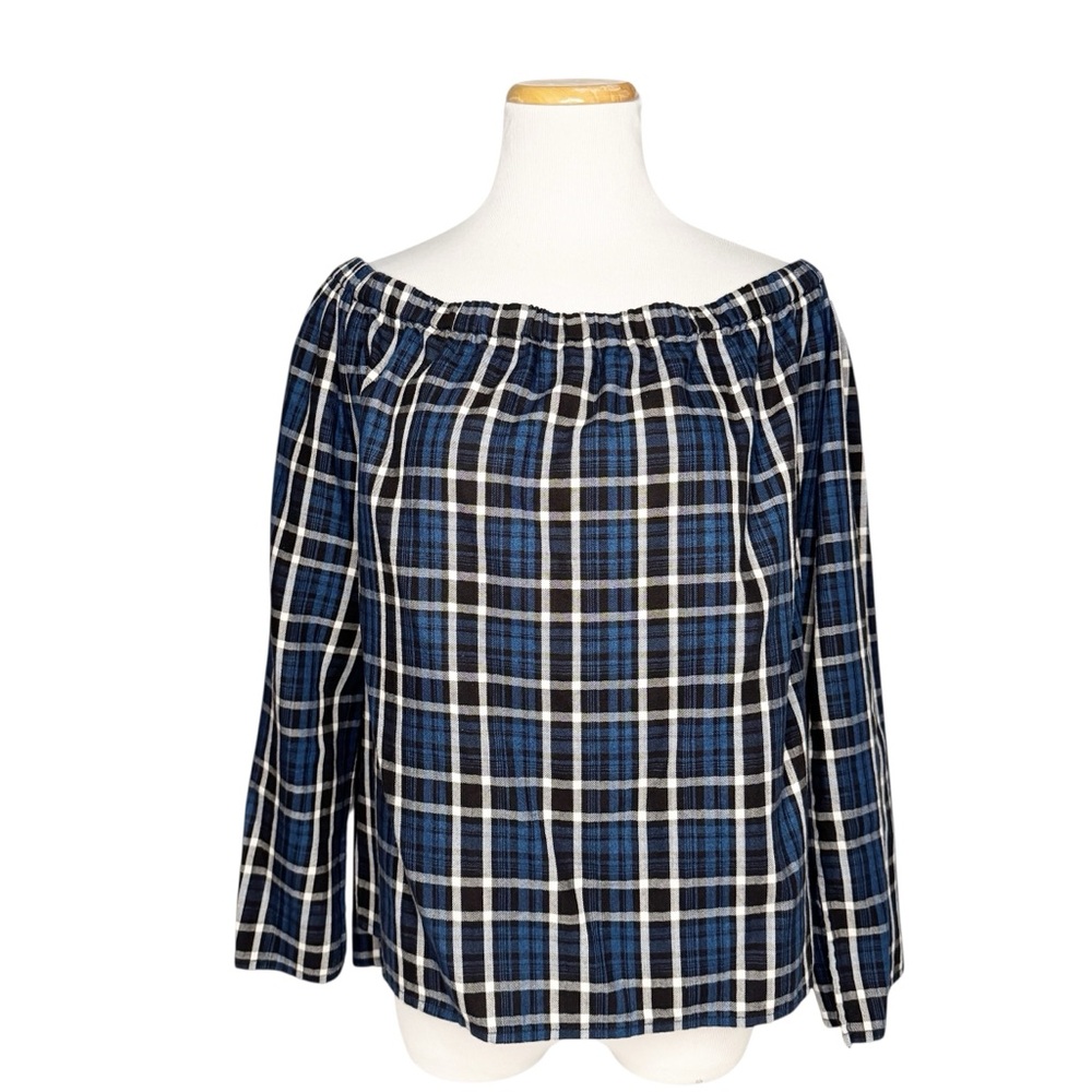Cloth & Stone Blue Plaid Off Shoulder Top Size M